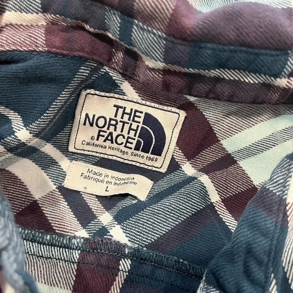 The North Face Shirt Boys Button Up Flannel Cotton Plaid Red Teal Size Large